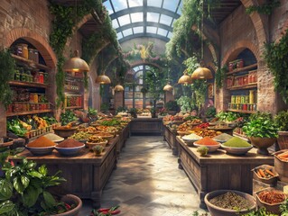 A large indoor market with many different types of food and produce. The atmosphere is lively and bustling, with people shopping and browsing the various offerings - obrazy, fototapety, plakaty