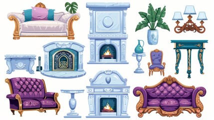 The old living room stuff with classic style furniture, a fireplace with marble stone texture, leather couch, armchair, coffee table, decorative pillow, and flower vase, cartoon modern set.