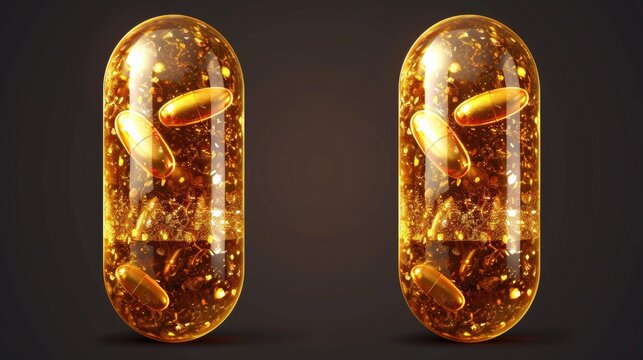 A transparent capsule with an empty inside and granulated filler. Oval medicine pills for painkillers, antibiotics, vitamins, amino acids, minerals, bio-active additives, realistic 3D modern images