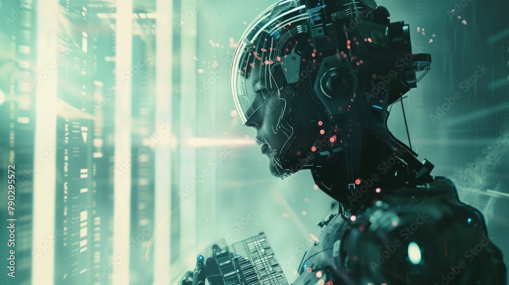 Aufkleber The image shows a robot that works in real time, quickly and accurately completing the tasks assigned to it. AI Artificial Intelligence Concept