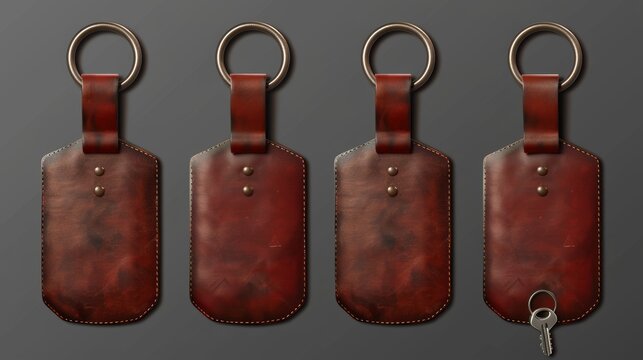 The modern illustration shows a set of brown leather keychains and metal rings. The items can be used in the home, car, or office as souvenirs or accessories.