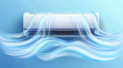 Cold wind waves on air conditioner, electronic modern device for controlling room temperature and climate, realistic 3D modern illustration.