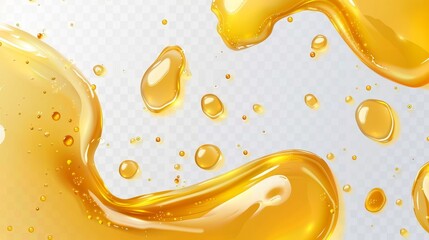 A realistic mockup of liquid gold drips from organic cosmetic or food oil isolated on a transparent background.