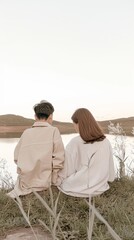Obraz premium The sky with simple shapes and minimalistic, Two people sitting on the grass near an opening lake in the middle of green hills at sunset