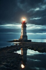 Lighthouse on an island, reflected in the water