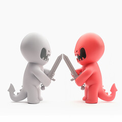 White and red funny little creatures fighting each other with swords,  isolated 3d objects on white background - 790296172
