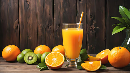 glass of fresh orange juice with fresh fruits on wooden table