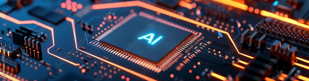 Poster A close-up photo shows the small details of the AI processor that ensure its efficient operation in various applications. Wide banner
