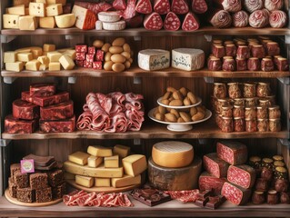 A variety of meats and cheeses are displayed on a wooden shelf. The cheeses include mozzarella, cheddar, and Swiss. The meats include ham, salami, and pepperoni. The display is colorful and appetizing
