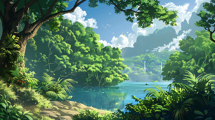 Tranquil Nature's Embrace
A serene lakeside haven surrounded by lush foliage, where the tranquility of nature's embrace is vividly animated.