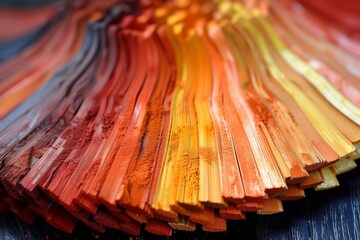 Vivid color spectrum of paint swatches: Close-up of textured paint samples ranging from red to yellow - obrazy, fototapety, plakaty