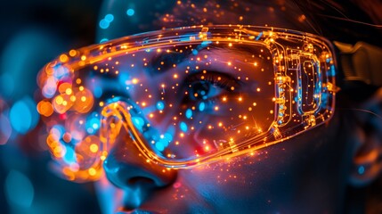 Futuristic vision: woman with smart glasses. Close-up of a woman wearing illuminated smart glasses with a tech-inspired glow - obrazy, fototapety, plakaty
