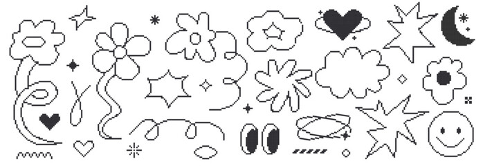 Set of pixel organic shape and flowers. Abstract cloud stars elements. Modern aesthetic line elements in retro y2k style.