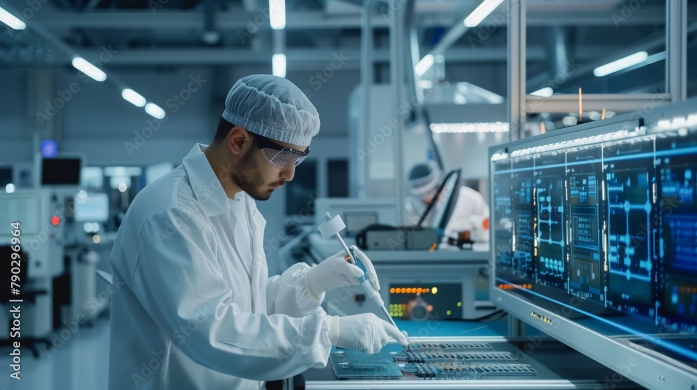 Poster The image shows how the technician calibrates and adjusts the equipment to test new processors before they are released to the market.