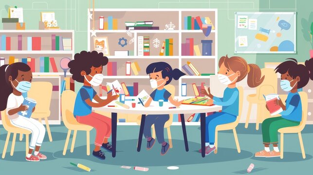In a library room with bookcases, multiracial children sitting around a table painting and chatting in a mask during a Coronavirus epidemic, Cartoon modern illustration.