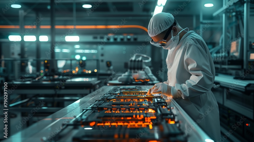 Poster A lab technician analyzes data from CPU and chip tests to identify possible defects and develop strategies to fix them. Electronics Factory