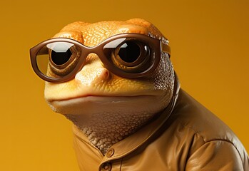 Close-up of a salamander wearing glasses. Portrait of a salamander. Anthopomorphic creature. A fictional character for advertising and marketing. Humorous character for graphic design.