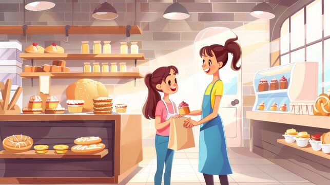Girl buying products in a bakery, bakery owner giving cupcake to little customer holding paper shopping package with bread and baguette.