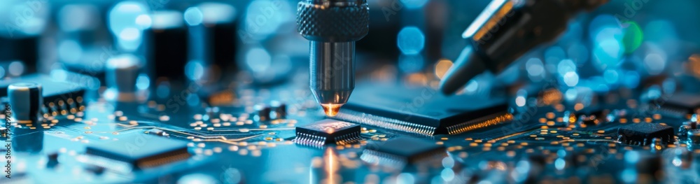 Poster Microchip production lines demonstrate a variety of electronic components and their readiness for further use in process systems. Powerful processor and electronics. Wide banner