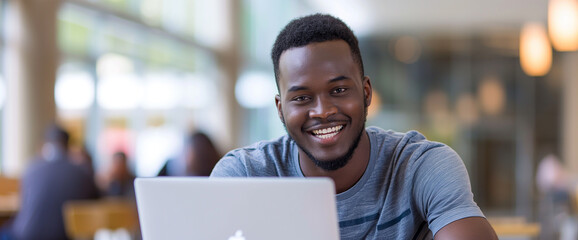 man using computer in library and smiling