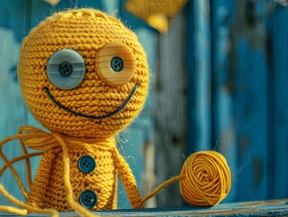 Fototapeta premium Smiling character as a connected toy. Amigurumi cute monster. Abstract emotional face. Handmade. Illustration for cover, card, interior design, banner, poster, brochure or presentation.