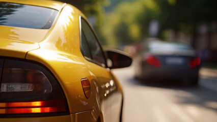 Rear view of car parked outside in parking area. Used car sales or rental service. Car insurance background. Car dealership and dealer agent concept.