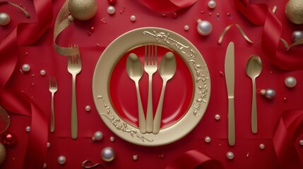 An illustration of gold cutlery on a red tablecloth with pearls and glitter, Xmas holiday utensils on a red tablecloth with ribbons, pearls and glitter.