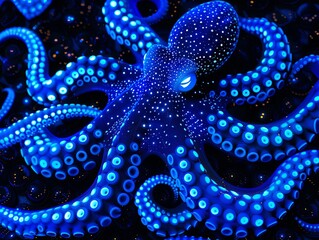 Close-up of octopus with many tentacles with luminous elements. Cephalopod mollusk with bioluminescence. Illustration for cover, interior design, poster, brochure or presentation.