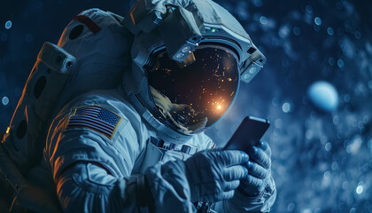 A man in a spacesuit is holding a cell phone