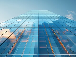 A tall building with a blue sky in the background. The building is made of glass and has a reflective surface