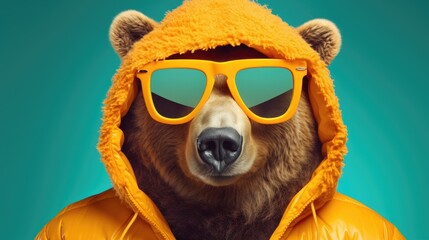 A bear wearing sunglasses. Close-up portrait of a bear. Anthopomorphic creature. A fictional character for advertising and marketing. Humorous character for graphic design.