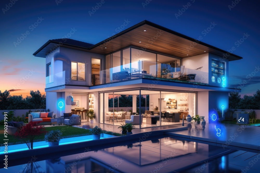 Leinwandbilder digital home networking with holographic glowing icon, digital home connected with tech devices