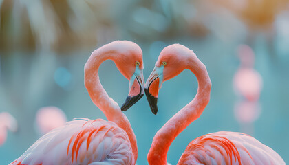 Two flamingos are standing close to each other, their necks touching