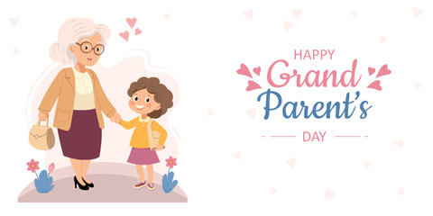 Poster horizontal Happy Grandparents Day. Love for grandmother and granddaughter.  Happy grandmother and child, warm hugs. Flat vector illustration on white background