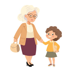 Grandmother and girl hold hands. Love for grandmother and granddaughter. An elderly woman supports her granddaughter.Happy grandmother and child, warm hugs.Flat vector illustration on white background