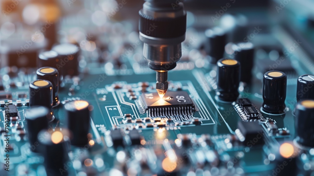 Poster a close-up photo shows thin microchips located on a production line, indicating the manufacturing pr