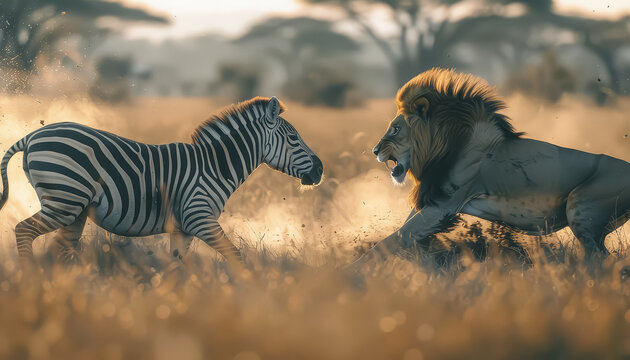 A zebra and a lion are fighting in the wild