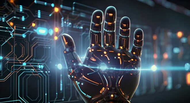 Machine learning AI, Hands of robot and human touching on big data network connection background, Science and artificial intelligence technology, innovation and futuristic.