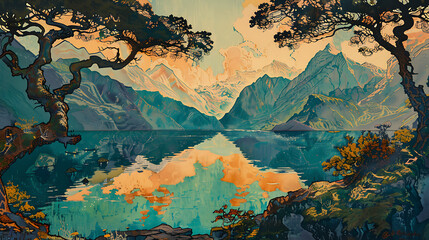 Twilight Silhouettes
Gnarled trees form stark silhouettes against the soft glow of twilight over a tranquil, undulating landscape.