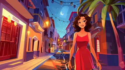 City walking tour poster. Travel concept, vacation with night walks. Modern flyer with happy woman tourist on street with buildings, palm tree, and road at night.