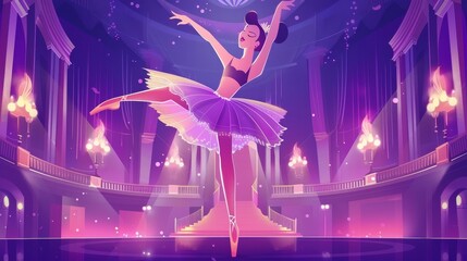 In this modern landing page, a dancer in tutu dress and pointe shoes is pictured wearing a pointe shoe and dancing. The poster shows the new season ballet schedule as well as a ballerina. - obrazy, fototapety, plakaty