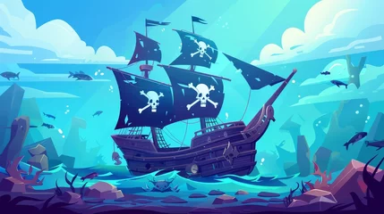 Gardinen Underwater landscape with broken wooden boat after wreck, stones and fish. Modern cartoon of a sunken pirate ship with black sails and a skull and crossbones flag. © Mark