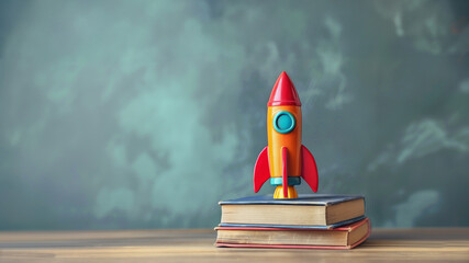A rocket standing on the books with copy space. Education concept.