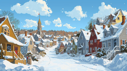 Quebec Winter Charm cartoon - obrazy, fototapety, plakaty