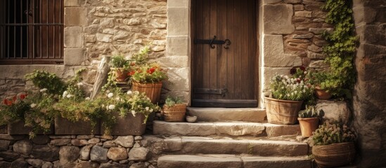 Fototapeta na wymiar Many flowers pots on steps of building