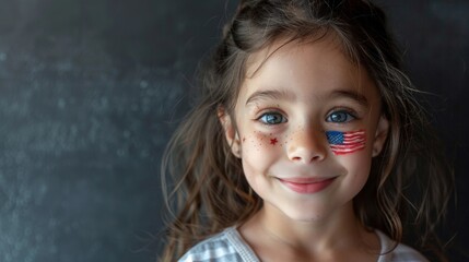 Smiling Young Girl with American Flag Face Paint on Black Background. copy space concept independence day
