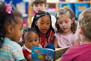 A teacher reading a storybook to a group of captivated childrencommercial use