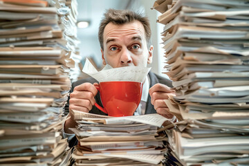 funny portrait of a insurance broker looking at a tall pile of papers while holding the coffee cup in his hands