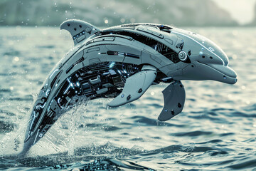 A robotic dolphin leaping out of the water showcasing the grace and agility of animal artificial...