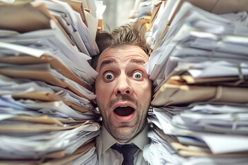 A surprised businessman sits at his desk, completely overwhelmed by towering stacks of papers and documents.